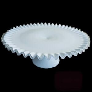 Cake Stand Plate Vtg Fenton Silver Crest Ruffled Milk Glass Pedestal Pie White